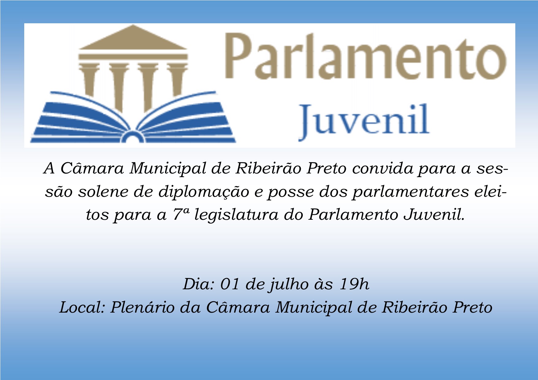 Parlamento Juvenil convida para posse de sua 7ª Legislatura